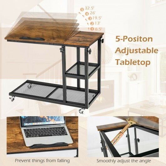 Adjustable C-Shaped Bedside Table-Rustic Brown - Color: Rustic Brown