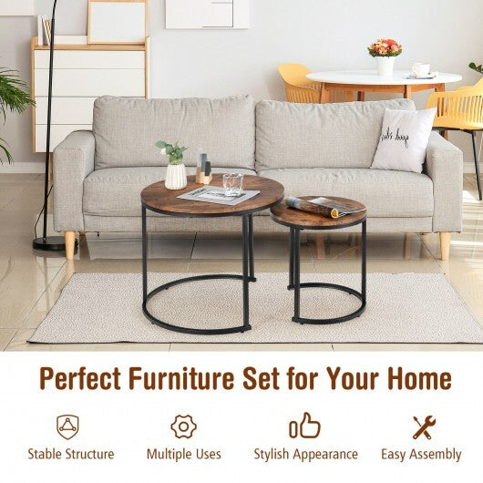 Set of 2 Modern Round Stacking Nesting Coffee Tables for Living Room-Rustic Brown - Color: Rustic Brown