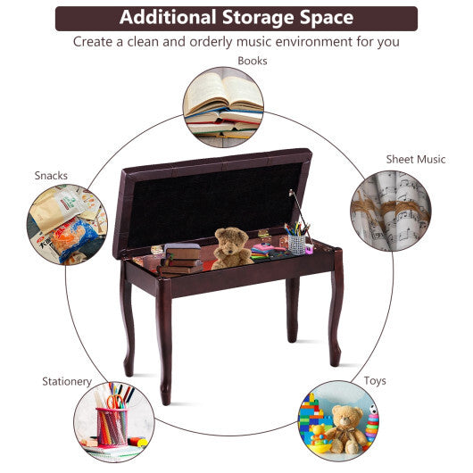 Solid Wood PU Leather Piano Bench with Storage-Brown - Color: Brown