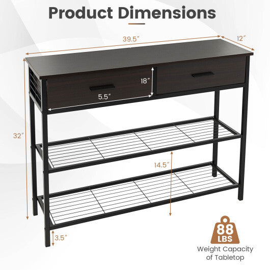 39.5 Inch Entryway Table with 2 Drawers and 2-Tier Shelves-Dark Brown - Color: Dark Brown