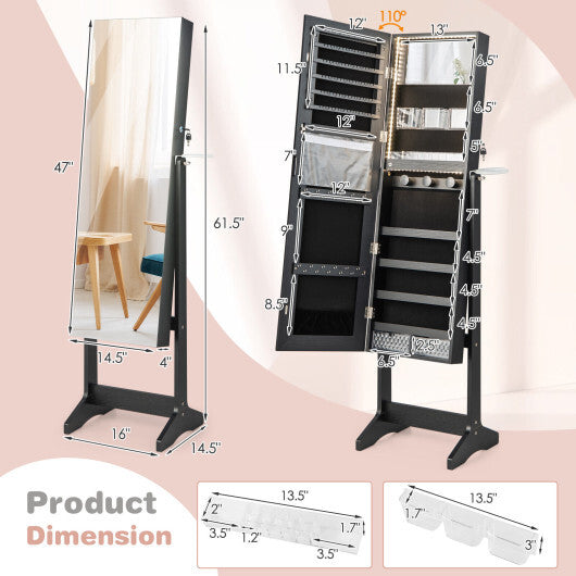 Freestanding Jewelry Cabinet with Full Length HD Mirror-White