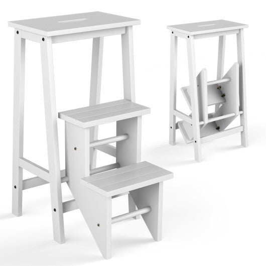 3 Tier Step Stool 3 in 1 Folding Ladder Bench-White - Color: White