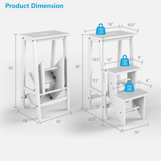 3 Tier Step Stool 3 in 1 Folding Ladder Bench-White - Color: White