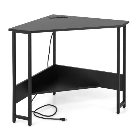 Triangle Computer Corner Desk with Charging Station-Rustic Brown