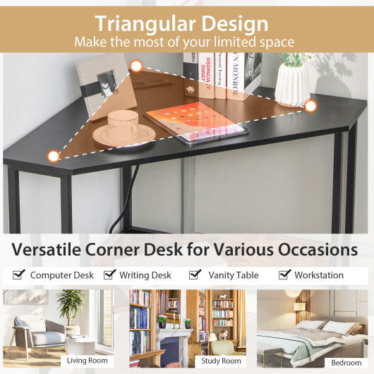 Triangle Computer Corner Desk with Charging Station-Rustic Brown
