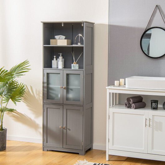6-Tier Freestanding Bathroom Cabinet with 2 Open Compartments and Adjustable Shelves-Black