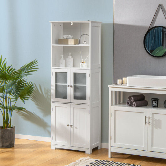 6-Tier Freestanding Bathroom Cabinet with 2 Open Compartments and Adjustable Shelves-Black