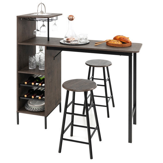 3 Piece Bar Table and Chairs Set with 6-Bottle Wine Rack-Rustic Brown