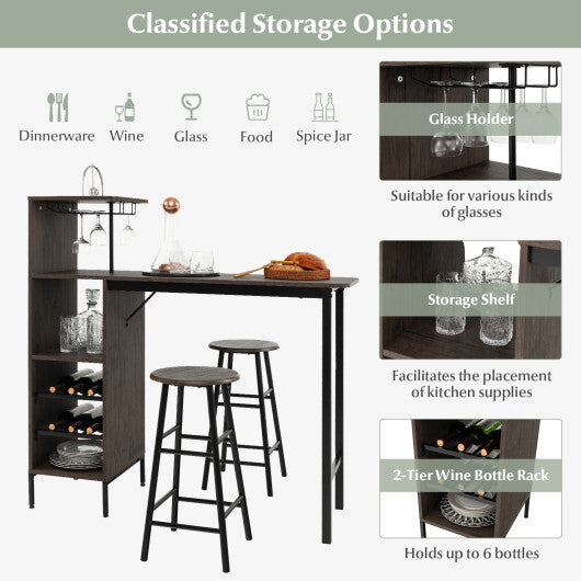 3 Piece Bar Table and Chairs Set with 6-Bottle Wine Rack-Rustic Brown