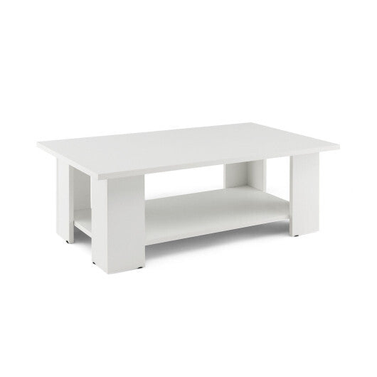 Large 36 Inch 2-Tier Wooden Modern Coffee Table with Storage Shelf-White - Color: White