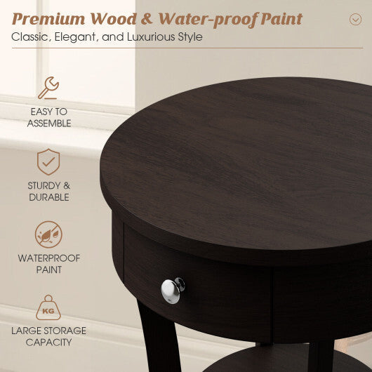 2-Tier Wood Round End Table with Open Drawer-White