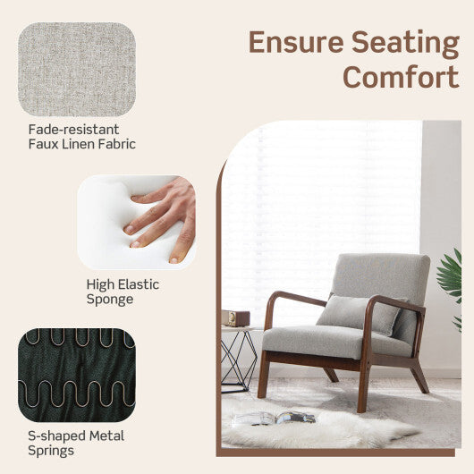 Modern Accent Chair with Rubber Wood Frame and Lumbar Pillow-Beige