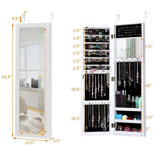 Full Length Mirror Jewelry Cabinet with Ring Slots and Necklace Hooks-White - Color: White