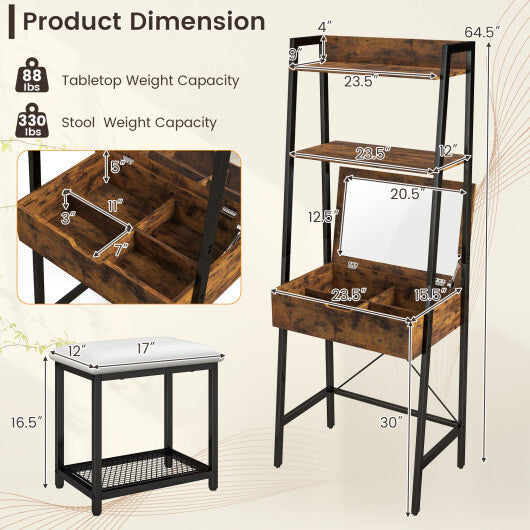 Ladder Vanity Desk Set with Flip Top Mirror and Cushioned Stool-Black