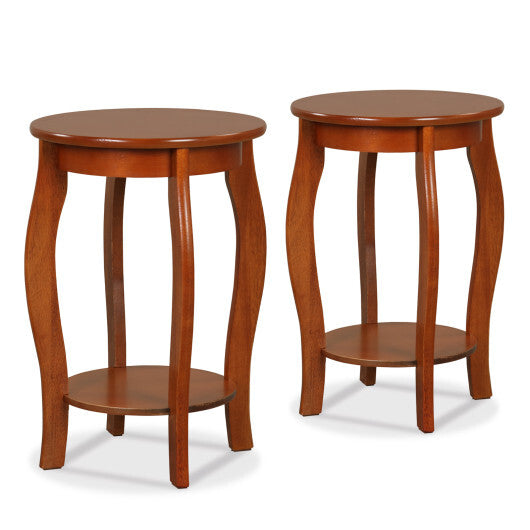 Set of 2 15 Inch 2-Tier Round End Table with Storage Shelf-White