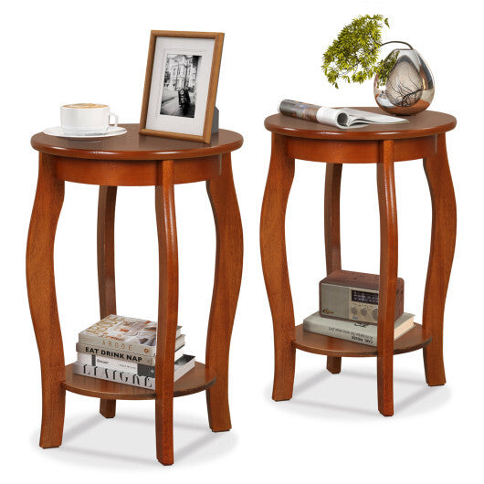Set of 2 15 Inch 2-Tier Round End Table with Storage Shelf-White