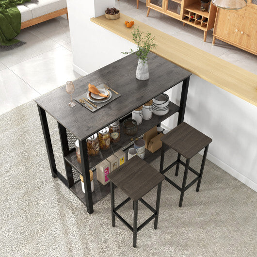 36 Inch 3-Tier Bar Table with Storage Metal Frame Adjustable Foot Pads for Dining Room-Rustic Brown