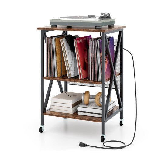 Mid-Century Record Player Stand with Built-in Charging Station-Gray
