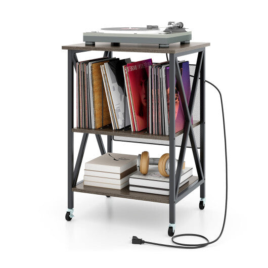 Mid-Century Record Player Stand with Built-in Charging Station-Gray