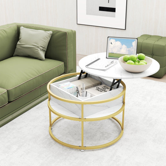 31.5 Inch Round Lift Top Coffee Table with Hidden Compartment and Side Shelves-Teak