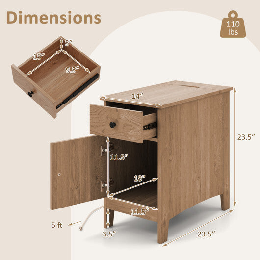 Flip Top End Table with Charging Station USB Ports Outlets and Drawer-White