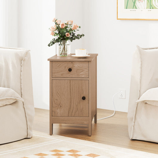 Flip Top End Table with Charging Station USB Ports Outlets and Drawer-White