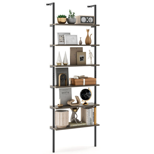 6-tier Ladder Shelf 72 Inches Industrial Wall Mounted Bookshelf-Rustic Brown