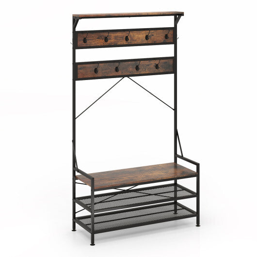 Coat Rack 4-In-1 Hall Tree with 11 Hanging Hooks Shoe Bench-Rustic Brown - Color: Rustic Brown