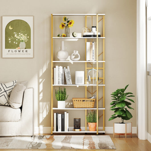 6-Tier Bookshelf Modern Geometric Bookcase with Heavy-duty Metal Frame and Anti-tipping Kits-Rustic Brown