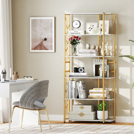 6-Tier Bookshelf Modern Geometric Bookcase with Heavy-duty Metal Frame and Anti-tipping Kits-Rustic Brown