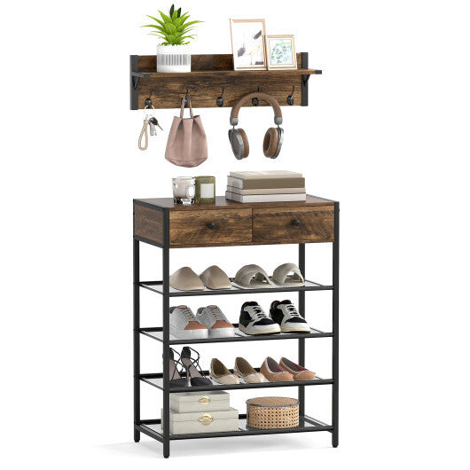 Coat Rack Shoe Stand Set 5-Tier Shoe Rack with Wall-Mounted Coat Hanger-Brown - Color: Brown