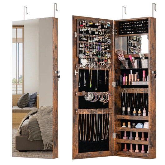 43.5 Inch Jewelry Mirror Cabinet with Full-length Mirror and Adjustable Hangers-Rustic Brown