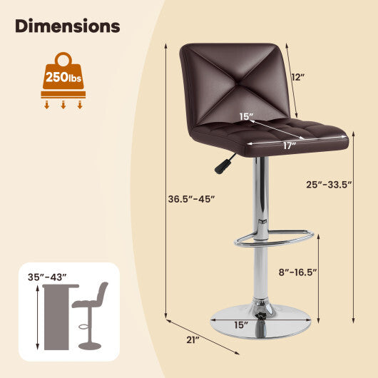 PU Leather Upholstered Bar Stools Set of 2 with Back and Adjustable Height-Brown