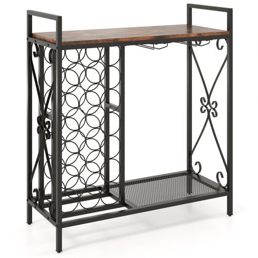 21 Bottle Wine Rack Freestanding Floor Wine Bottle Organizer with Glass Holder-Rustic Brown