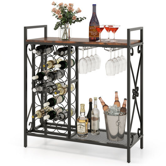 21 Bottle Wine Rack Freestanding Floor Wine Bottle Organizer with Glass Holder-Rustic Brown
