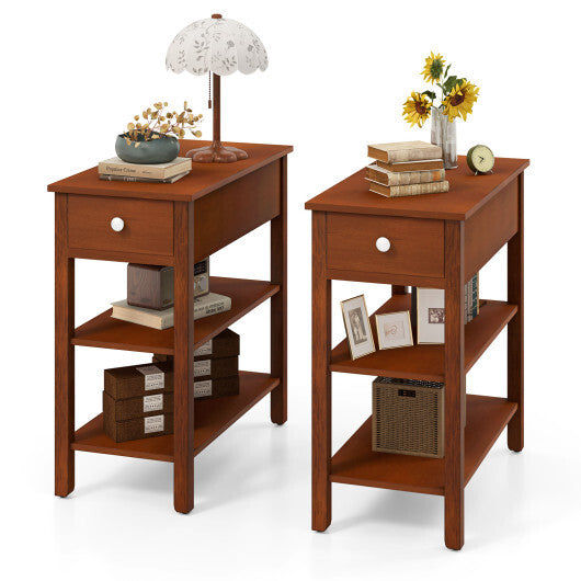 3-Tier Narrow End Table with Drawer and Storage Shelves Set of 2-Brown