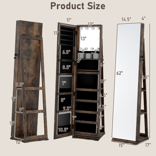 360 Swivel Jewelry Cabinet with Full Length Mirror-White