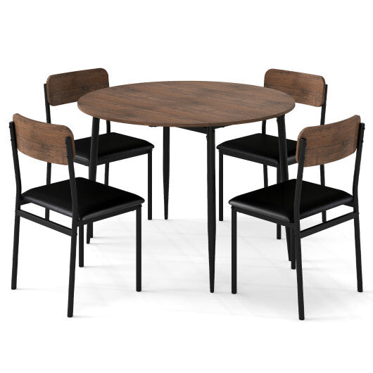 5-Piece Round Kitchen Table Set with Drop Leaf Tabletop and 4 Upholstered Dining Chairs-Brown