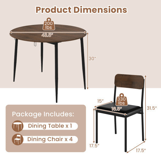 5-Piece Round Kitchen Table Set with Drop Leaf Tabletop and 4 Upholstered Dining Chairs-Brown