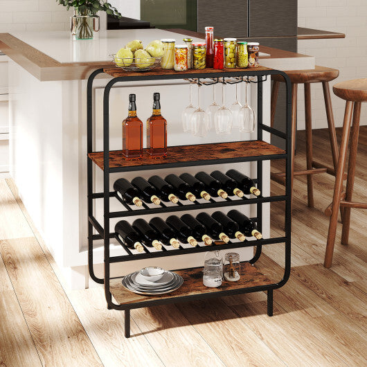 16 Bottle Wine Rack with 5-Tier Wine Shelf and Glass Holders for Kitchen Bar-Rustic Brown