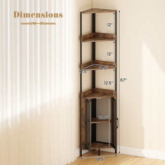 6-Tier Corner Shelf 67 Inches Tall Corner Bookshelf with Cabinet Industrial Bookcase-Brown