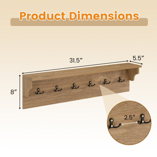 Wall Hooks with Shelf 31.5inch Wooden Coat Rack with 6 Hooks for Hats Towels Purses Robes-Natural