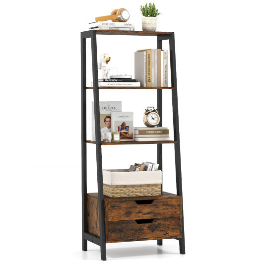 4-Tier Ladder Shelf with 2 Drawers 52.5 Inch Tall Freestanding Bookcase-White
