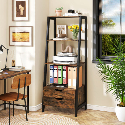 4-Tier Ladder Shelf with 2 Drawers 52.5 Inch Tall Freestanding Bookcase-White