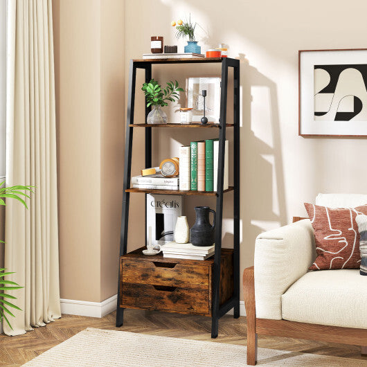 4-Tier Ladder Shelf with 2 Drawers 52.5 Inch Tall Freestanding Bookcase-White