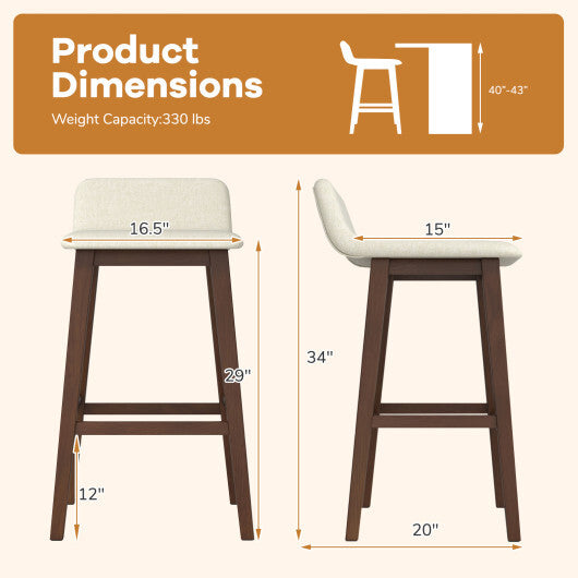 29 Inch Low-Back High-Top Chairs with Padded Seat and Rubber Wood Legs-White