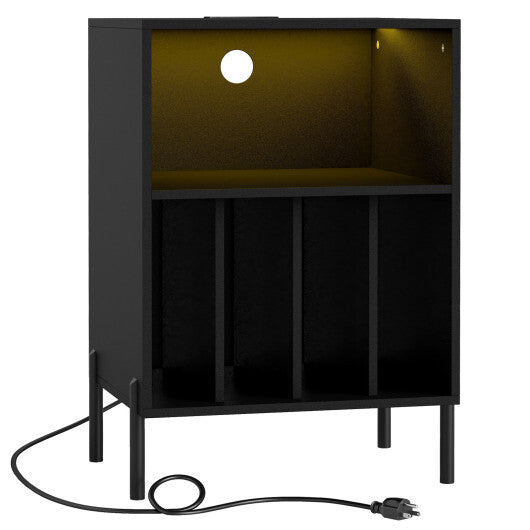 Record Player Stand with LED Light and Charging Station-White