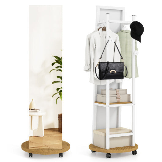 Coat Rack with Full Length Mirror Freestanding Coat Tree with 3 Hooks-Natural - Color: Natural