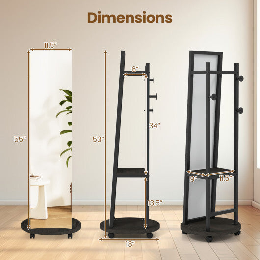 Coat Rack with Full Length Mirror Freestanding Coat Tree with 3 Hooks-Walnut