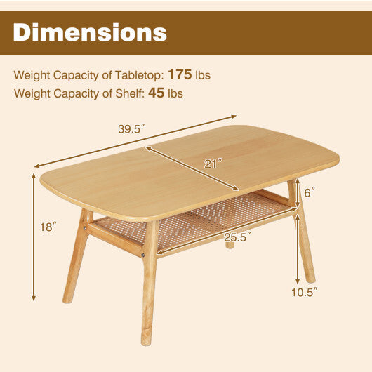 2-Tier Boho Rattan Coffee Table with Rounded Corners-Walnut